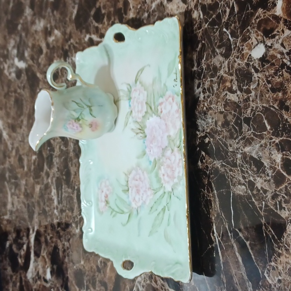 Vintage Hand Painted Floral Ceramic Serving Tray and Creamer with Gold Accents